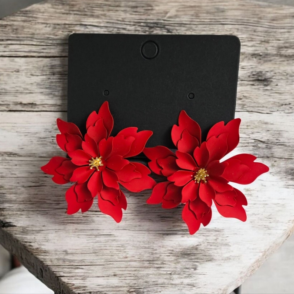 Red Floral Earrings Metal Flower Earrings